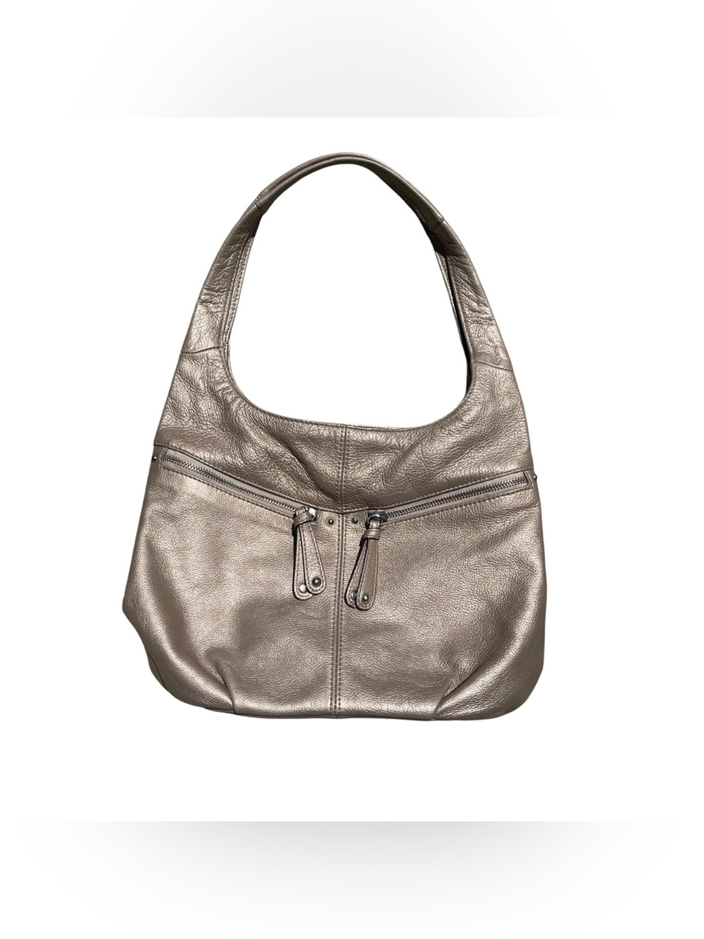 Tignanello Metallic Silver Shoulder Purse Soft Pebbled Leather Double Handles